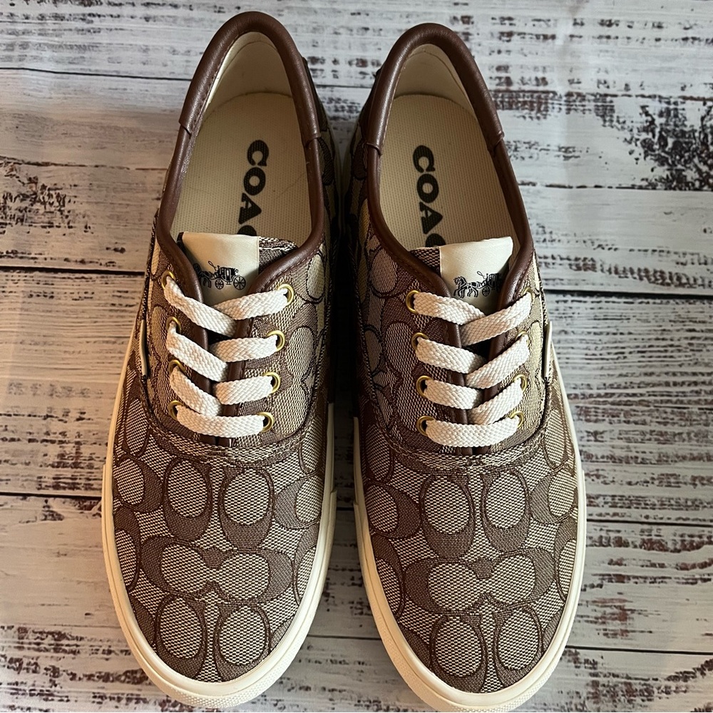 Coach Beige Monogram Low-Top Sneakers with White Soles - Picture 8 of 13